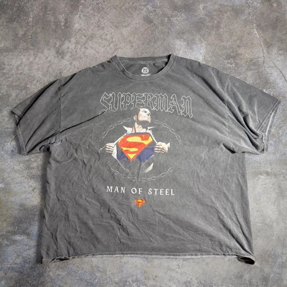 Y2K Superman Man of Steel Graphic‎ T-Shirt Faded Black DC Comics Tee Size 2XL